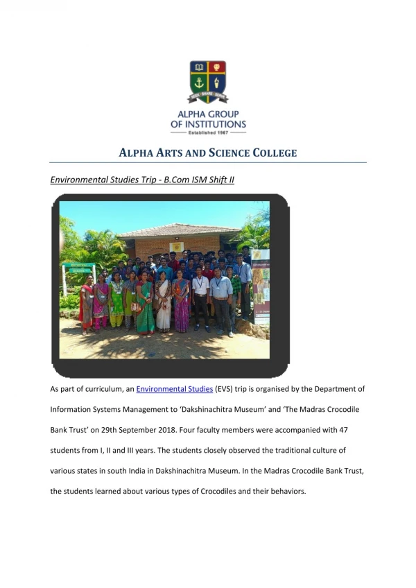 Environmental Studies Trip - B.Com ISM Shift II - Alpha arts and science college chennai