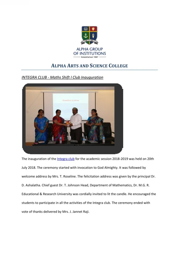 INTEGRA CLUB - Maths Shift I Club Inauguration | Alpha Arts and Science college chennai