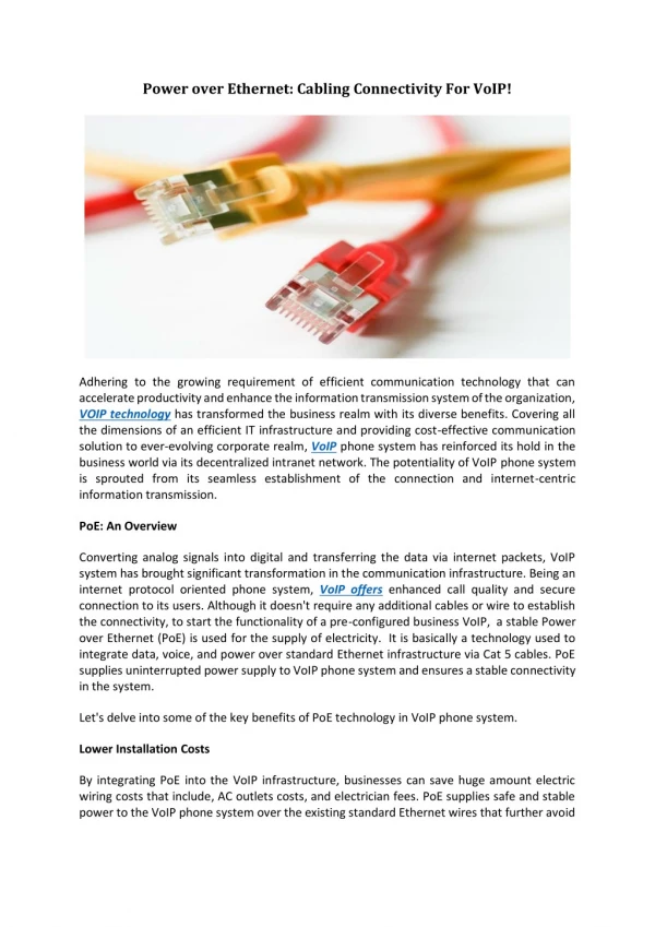 Power over Ethernet: Cabling Connectivity For VoIP