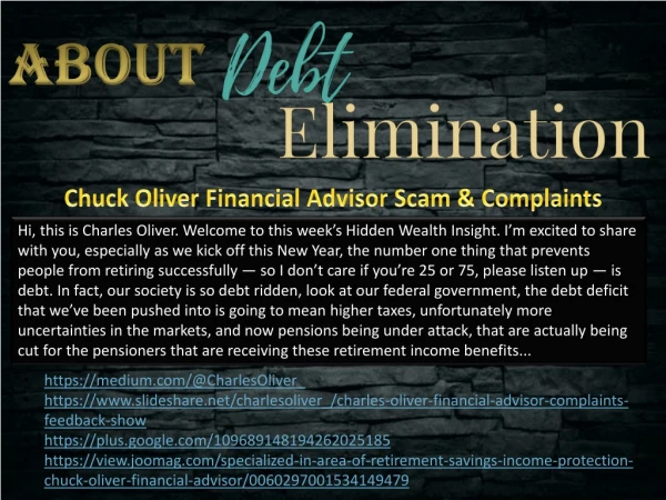 About Debt Elimination - Chuck Oliver Financial Advisor Scam & Complaints
