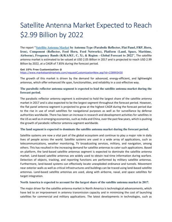 Satellite Antenna Market Expected to Reach $2.99 Billion by 2022