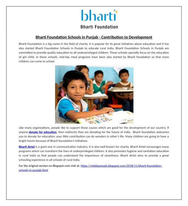 Bharti Foundation Schools in Punjab - Contribution to Development
