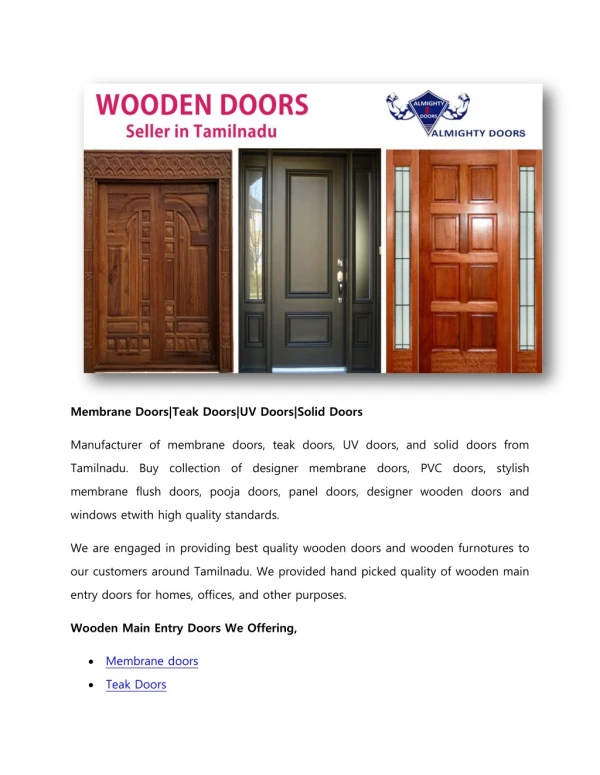 Membrane Doors|Teak Doors|UV Doors|Solid Doors