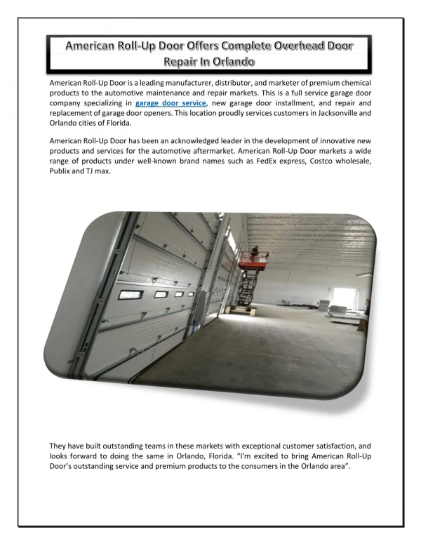 American Roll-Up Door Offers Complete Overhead Door Repair In Orlando