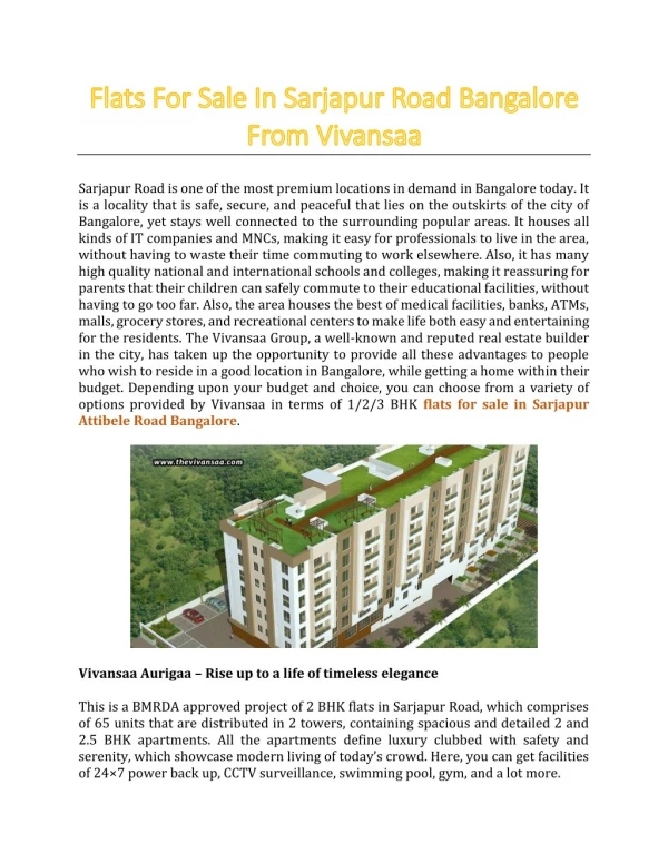 Flats For Sale In Sarjapur Road Bangalore From Vivansaa