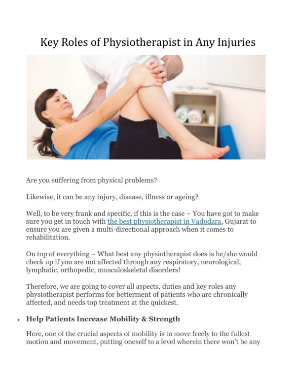 Key Roles of Physiotherapist in Any Injuries