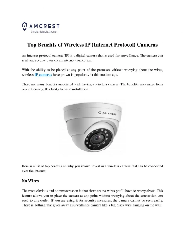 Top Benefits of Wireless IP (Internet Protocol) Cameras