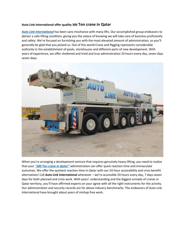 Auto Link International offer quality 300 Ton crane in Qatar