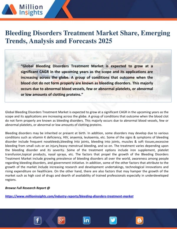 Bleeding Disorders Treatment Market Share, Emerging Trends, Analysis and Forecasts 2025