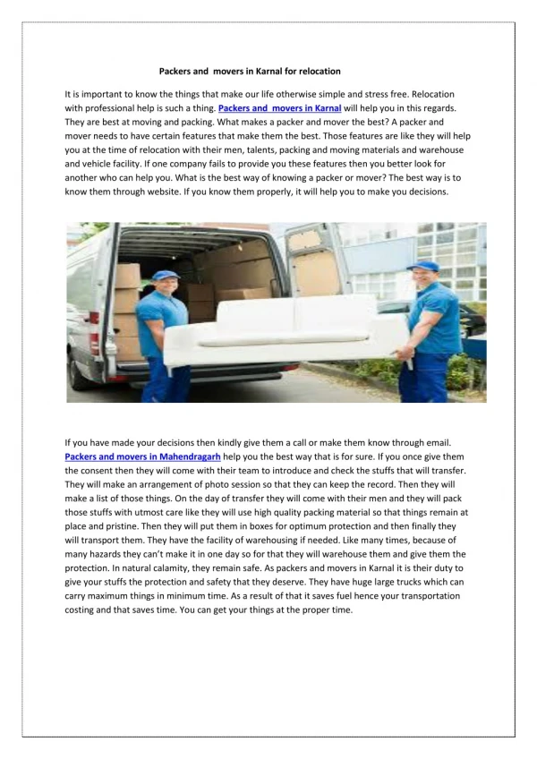 Packers and movers in Karnal for relocation