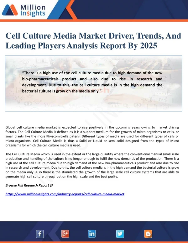 Cell Culture Media Market Driver, Trends, And Leading Players Analysis Report By 2025