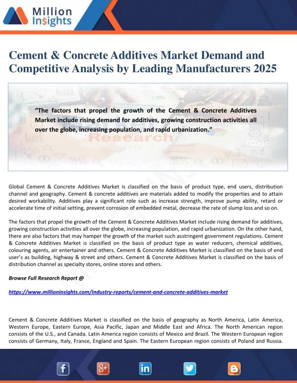 Cement & Concrete Additives Market Demand and Competitive Analysis by Leading Manufacturers 2025