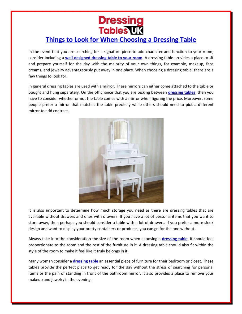 things to look for when choosing a dressing table