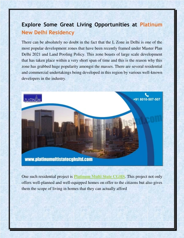 Explore Some Great Living Opportunities at Platinum New Delhi Residency