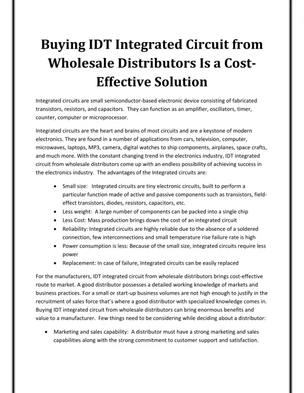 Buying IDT Integrated Circuit from Wholesale Distributors Is a Cost-Effective Solution