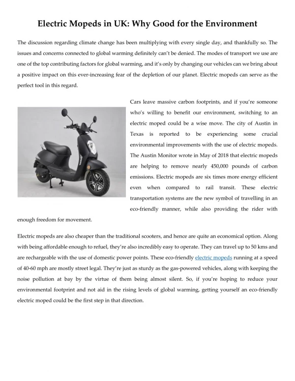 Electric Mopeds in UK: Why Good for the Environment