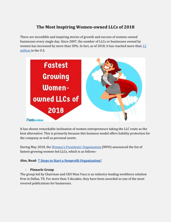 Fastest Growing Women-owned LLCs of 2018