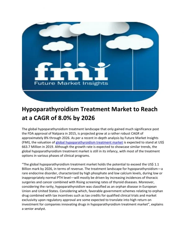 Hypoparathyroidism Treatment Market to Reach at a CAGR of 8.0% by 2026