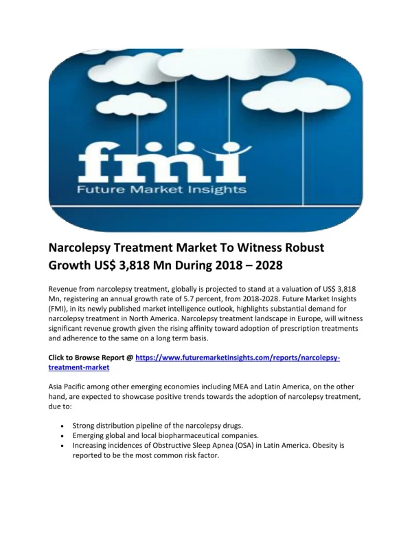 Narcolepsy Treatment Market To Witness Robust Growth US$ 3,818 Mn During 2018 – 2028