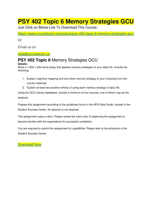 PSY 402 Topic 6 Memory Strategies GCU