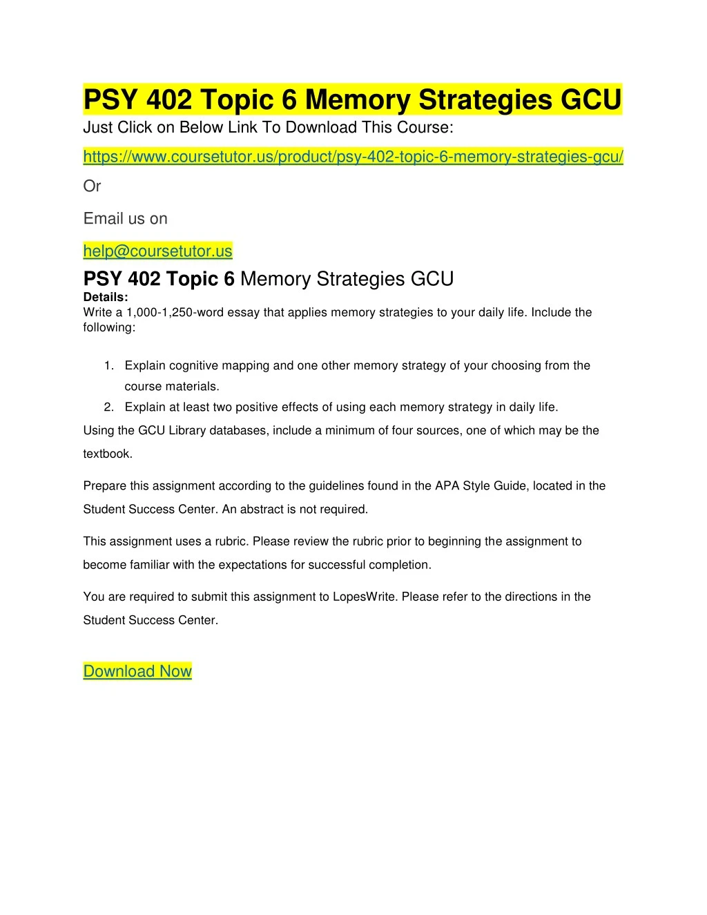 psy 402 topic 6 memory strategies gcu just click