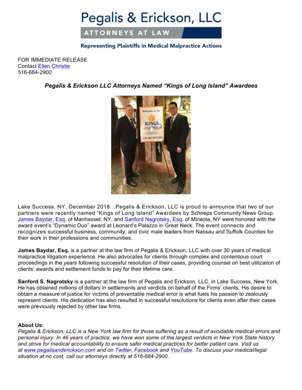 Pegalis & Erickson LLC Attorneys Named “Kings of Long Island” Awardees