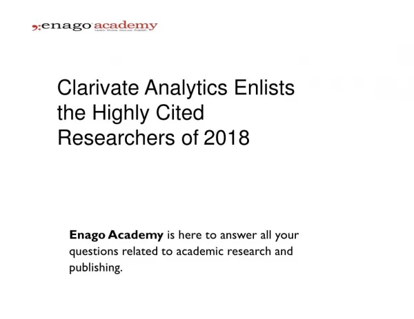 Clarivate Analytics Enlists the Highly Cited Researchers of 2018