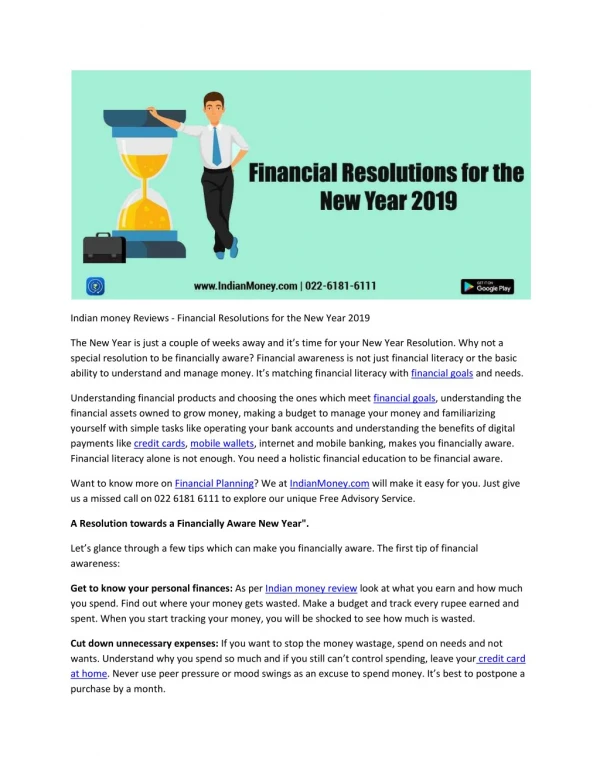 Indian money Reviews - Financial Resolutions for the New Year 2019