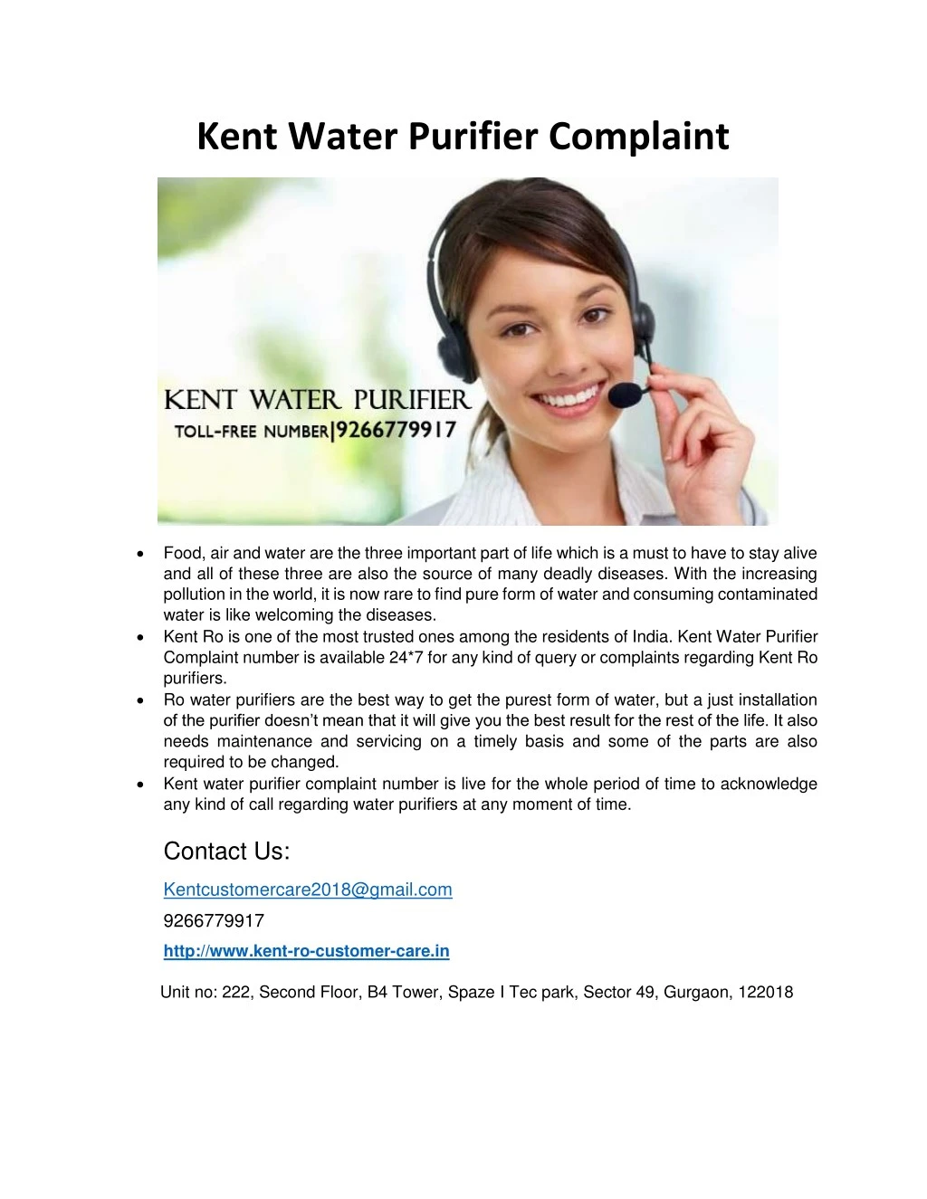 kent water purifier complaint