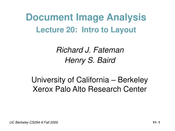 Document Image Analysis Lecture 20: Intro to Layout