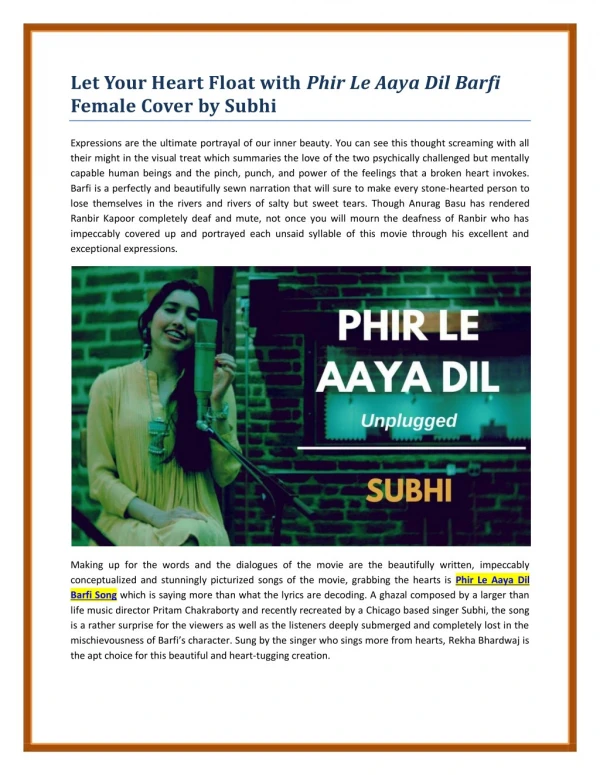 Let Your Heart Float with Phir Le Aaya Dil Barfi Female Cover by Subhi
