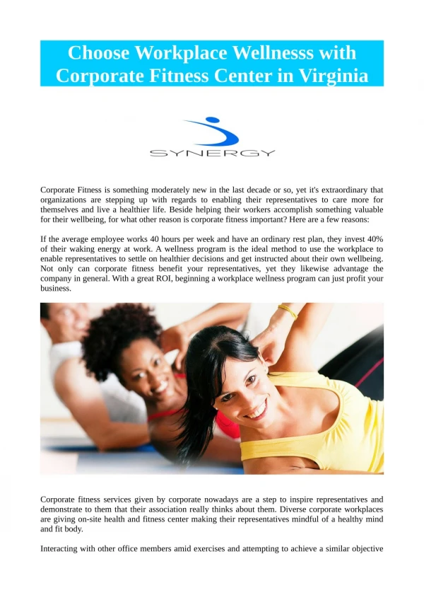 Choose Workplace Wellnesss with Corporate Fitness Center in Virginia