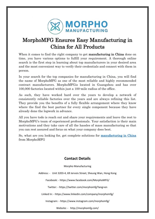 MorphoMFG Ensures Easy Manufacturing in China for All Products