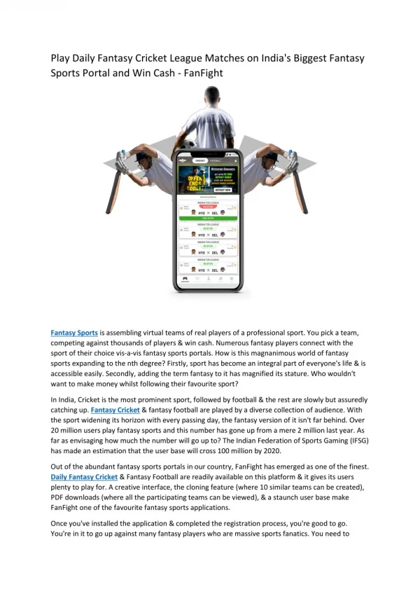 Play Daily Fantasy Cricket Game on India's Best Fantasy Sports Portal and Win Cash ?-?FanFight