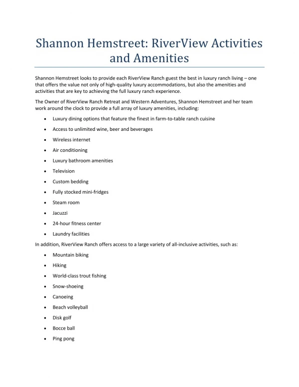 Shannon Hemstreet: RiverView Activities and Amenities