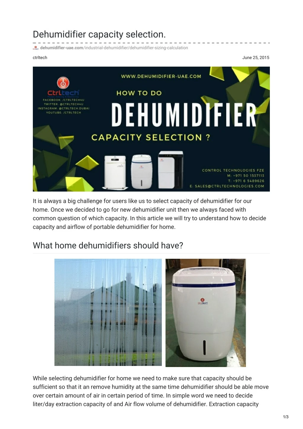dehumidifier capacity selection