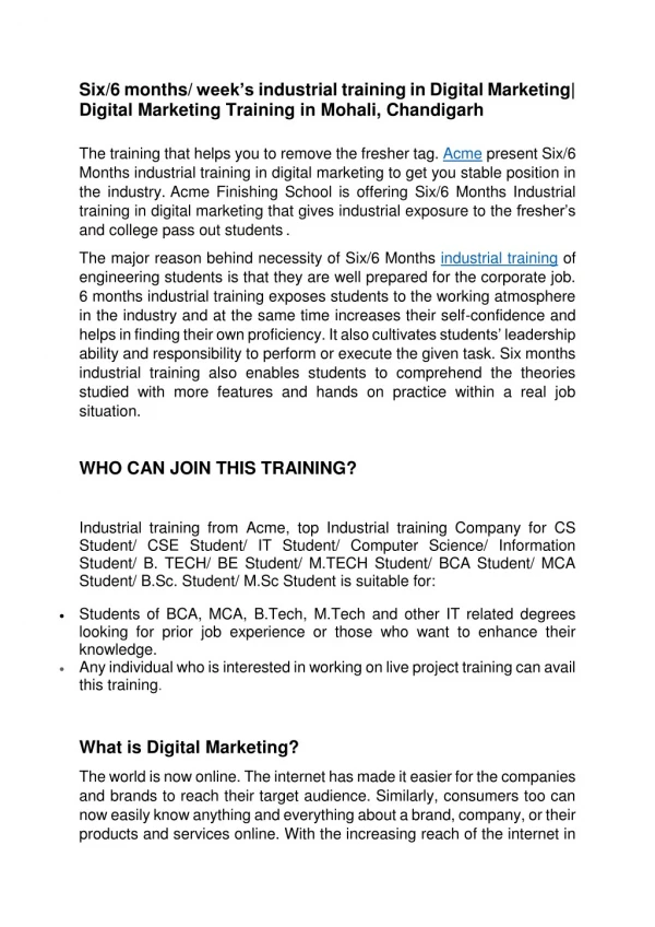 Six/6 months weeks industrial training in Digital Marketing| Digital Marketing Training in Mohali,Chandigarh