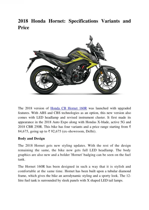 2018 Honda Hornet Specifications Variants And Price