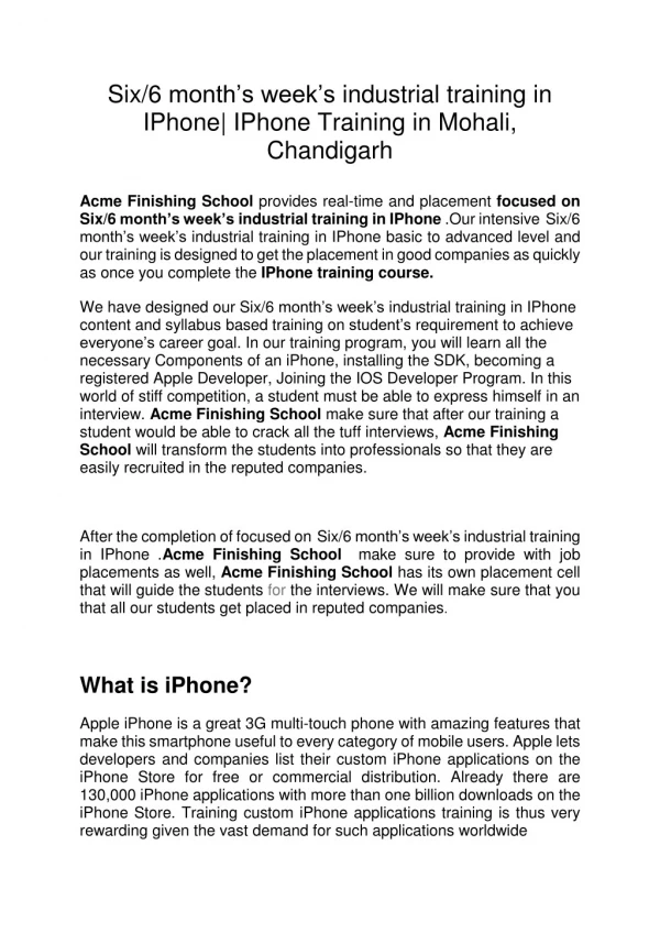 Six/6 months weeks industrial training in Iphone| IphoneTraining in Mohali,Chandigarh