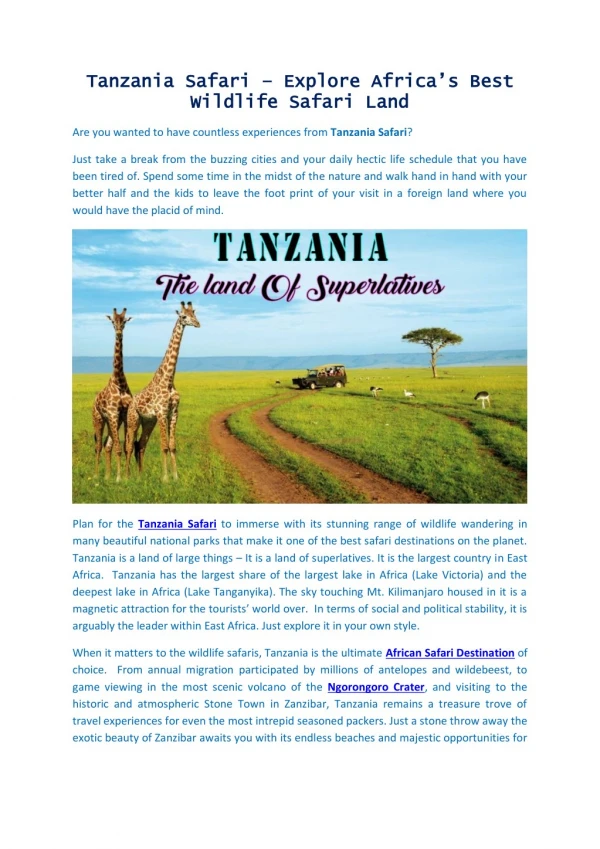 Tanzania Safari – Explore Africa’s Best Wildlife Safari Land