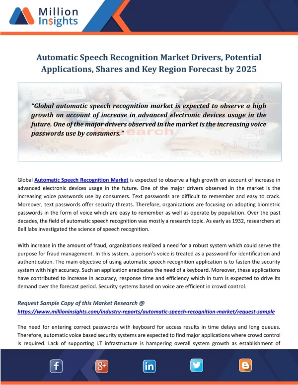 Automatic Speech Recognition Market Drivers, Potential Applications, Shares and Key Region Forecast by 2025