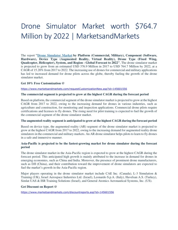 Drone Simulator Market worth $764.7 Million by 2022 | MarketsandMarkets