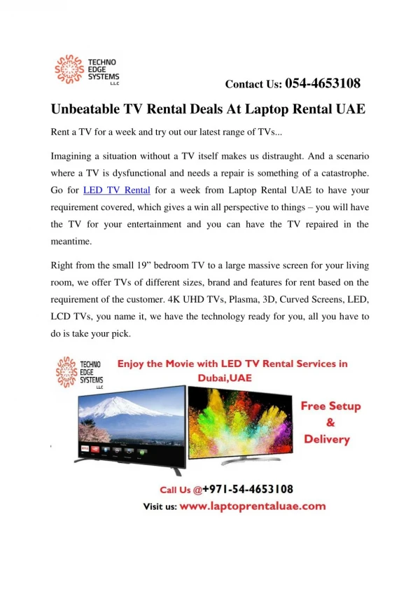 Unbeatable LED TV Rental Deals At Laptop Rental UAE