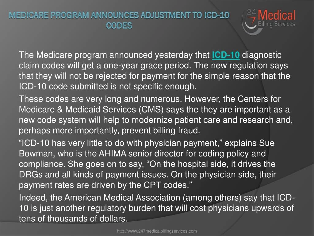 medicare program announces adjustment to icd 10 codes