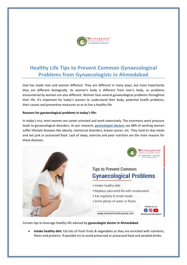 Healthy life tips to prevent common gynaecological problems from Gynaecologists in Ahmedabad