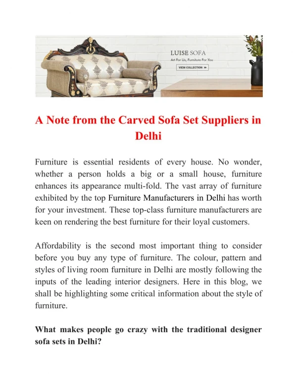 A Note from the Carved Sofa Set Suppliers in Delhi