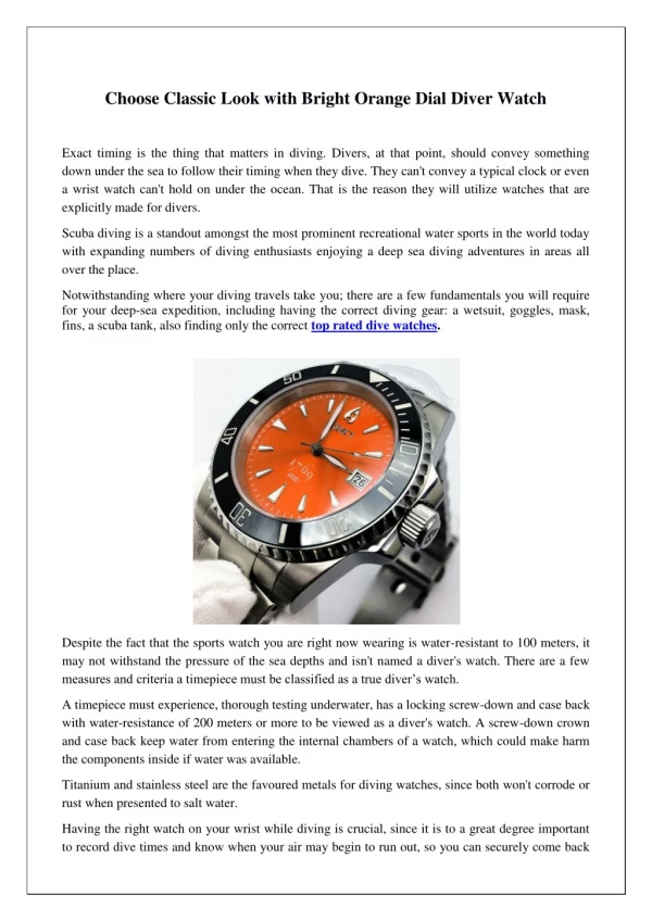 Choose Classic Look with Bright Orange Dial Diver Watch
