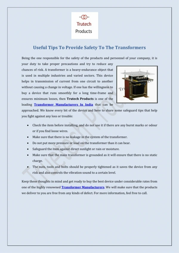 Useful Tips To Provide Safety To The Transformers