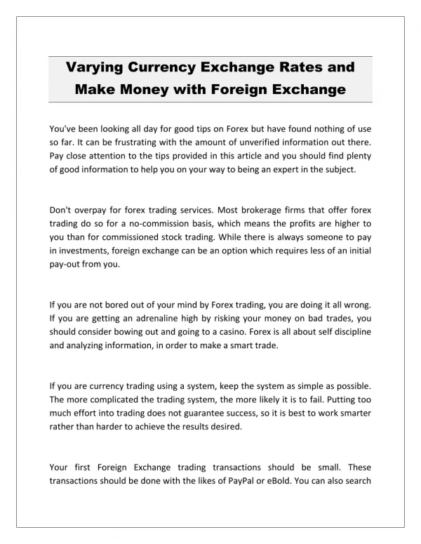 Varying Currency Exchange Rates and Make Money with Foreign Exchange