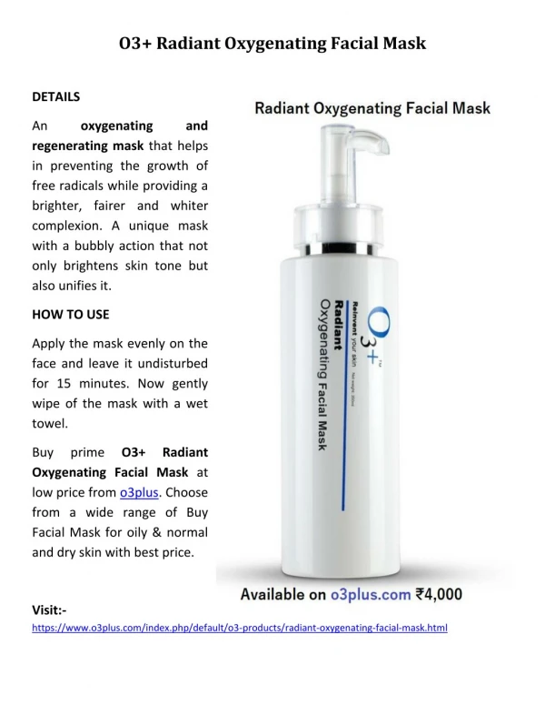 O3Plus Radiant Oxygenating Facial Mask
